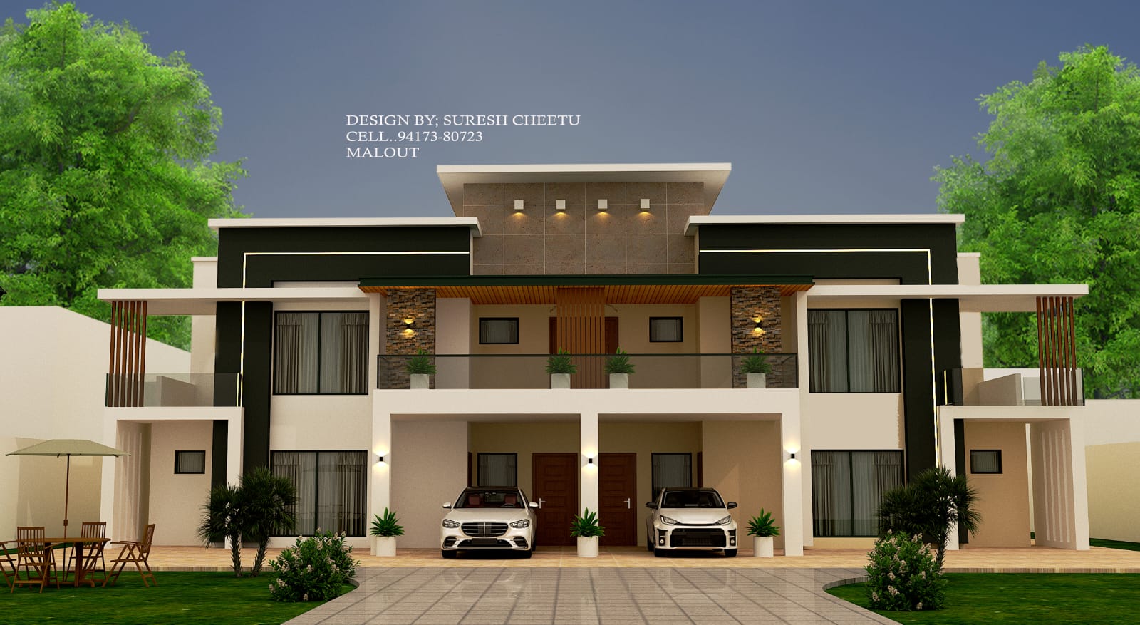 Wide front elevation design for modern luxury house in Punjab