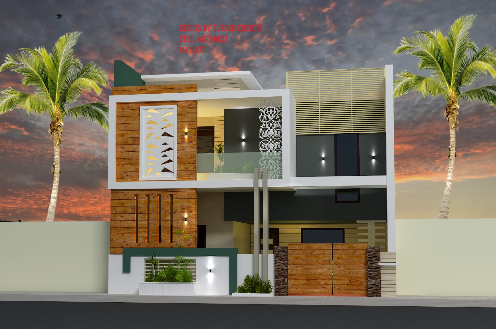 Modern Punjabi kothi elevation with balcony and exterior lighting